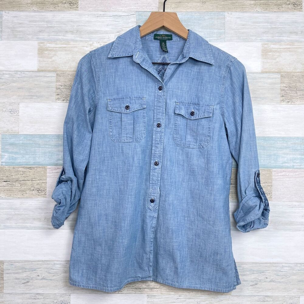 LRL Ralph Lauren Southwestern Embroidered Chambray Shirt Blue Aztec Womens XS